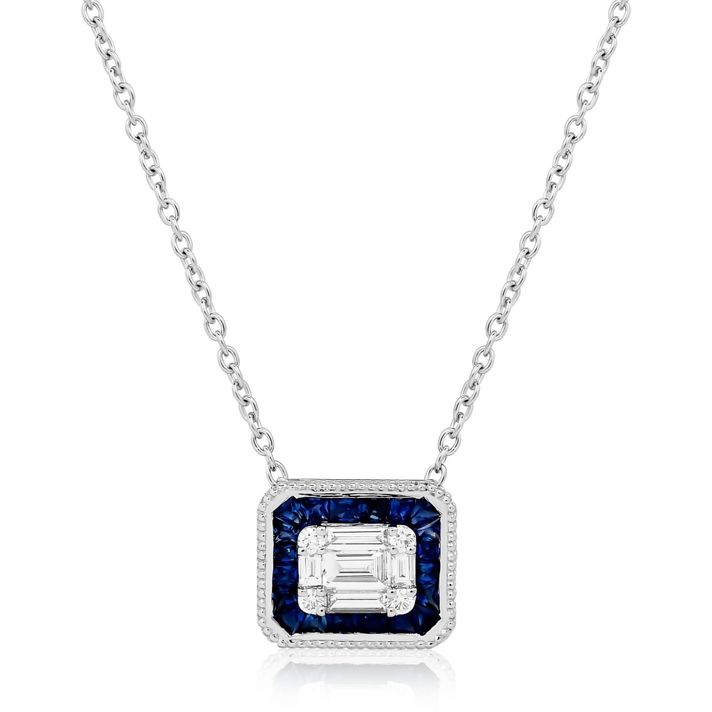 18Kt White Gold Illusion Necklace With (4) Round Diamonds Weighing 0.05ct, (5) Baguette Diamonds Weighing 0.22ct, And (20) Carre Cut Sapphires Weighing 0.78ct