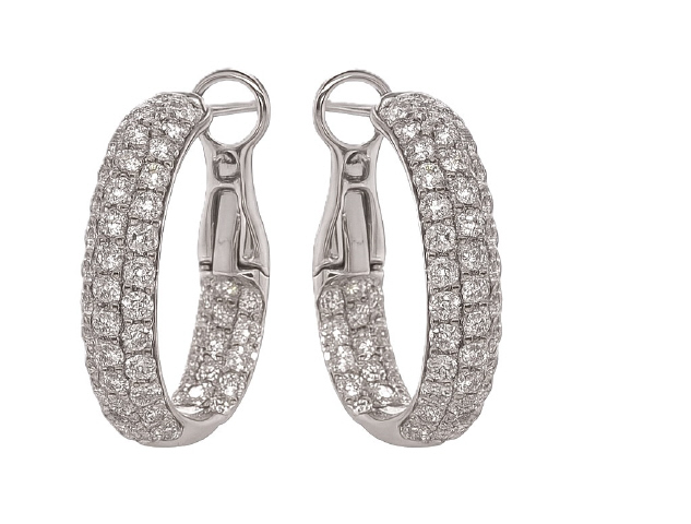 18Kt White Gold Three Row Pave Hoops With (106) Round Diamonds Weighing 3.05cttw