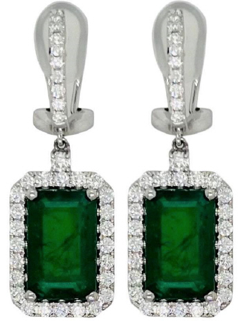 18Kt White Gold Dangle Earrings With (2) Emeralds Weighing 9.31ct And (46) Round Diamonds Weighing 1.64ct