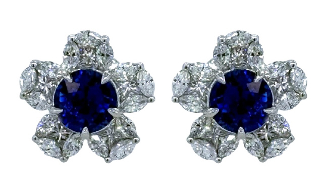 18Kt White Gold Flower Studs With (2) Round Sapphires Weighing 1.17ct And (40) Round Diamonds Weighing 0.90ct