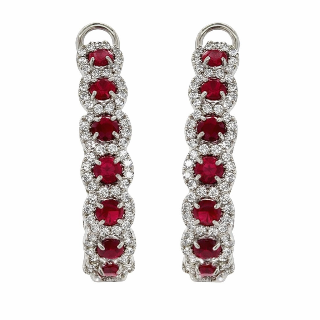 [22293] 18Kt White Gold Halo Style Hoops With Rubies Weighing 9.08ct And Round Diamonds Weighing 2.56ct