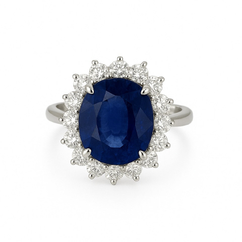 Platinum Halo Style Ring With An Oval Sapphire Weighing 5.84ct And (16) Round Diamonds Weighing 1.13ct