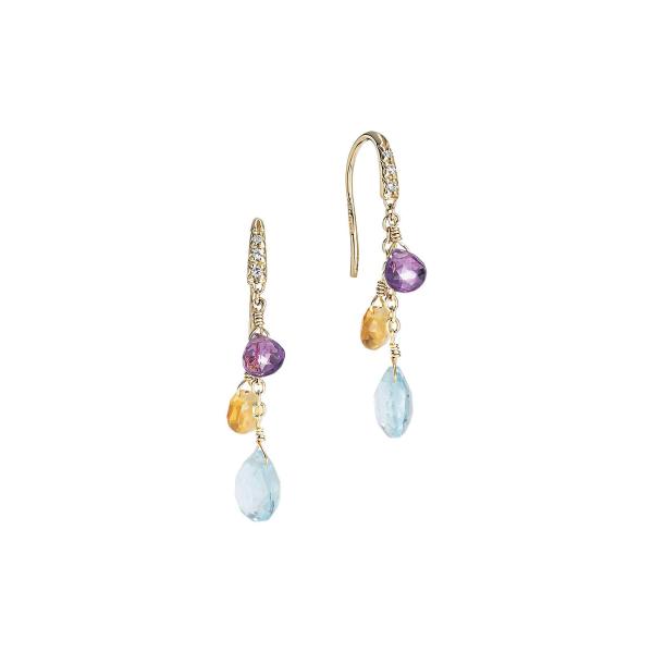 18Kt Yellow Gold Paradise Dangle Earrings With Mixed Gemstones And 6 Round Diamonds Weighing 0.05cttw