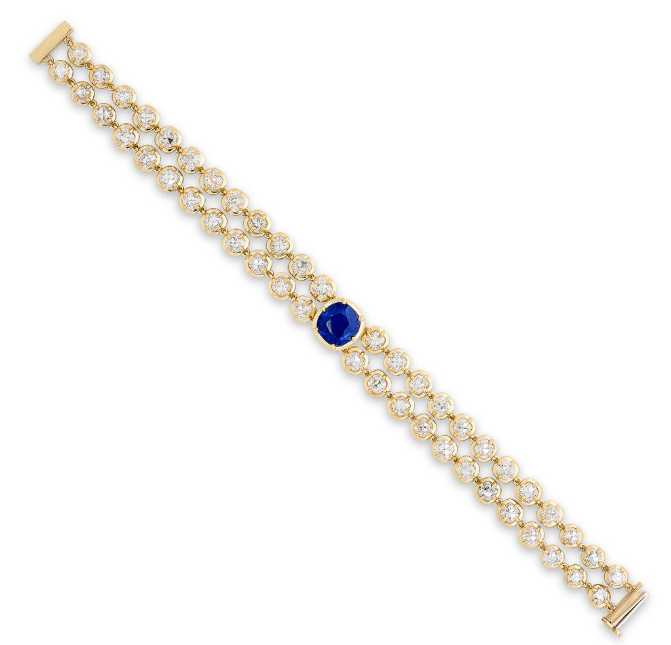 18Kt Yellow Gold Two Row Bracelet With A Cushion Cut Sapphire Weighing 4.86ct And (48) Old Mine Diamonds Weighing 15.24ct
