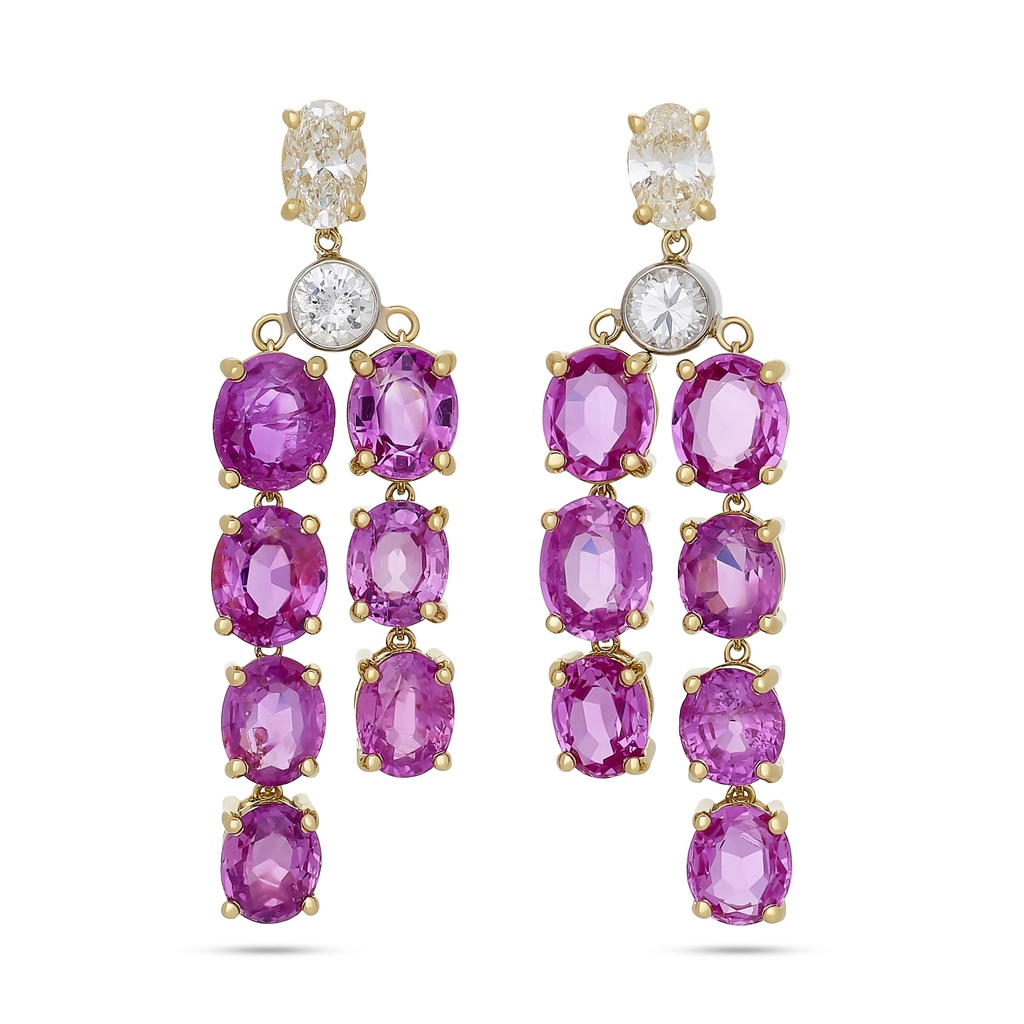 18KY/14KW Earrings With (14) Oval Pink Sapphires Weighing 9.76ct, (2) Round Diamonds Weighing 0.40ct, And (2) Oval Diamonds Weighing 0.78ct