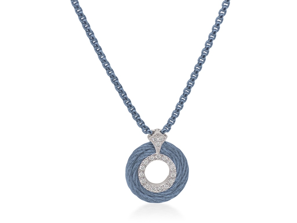 14Kt White Gold Island Blue Nautical Cable Circle Necklace 0.15cttw