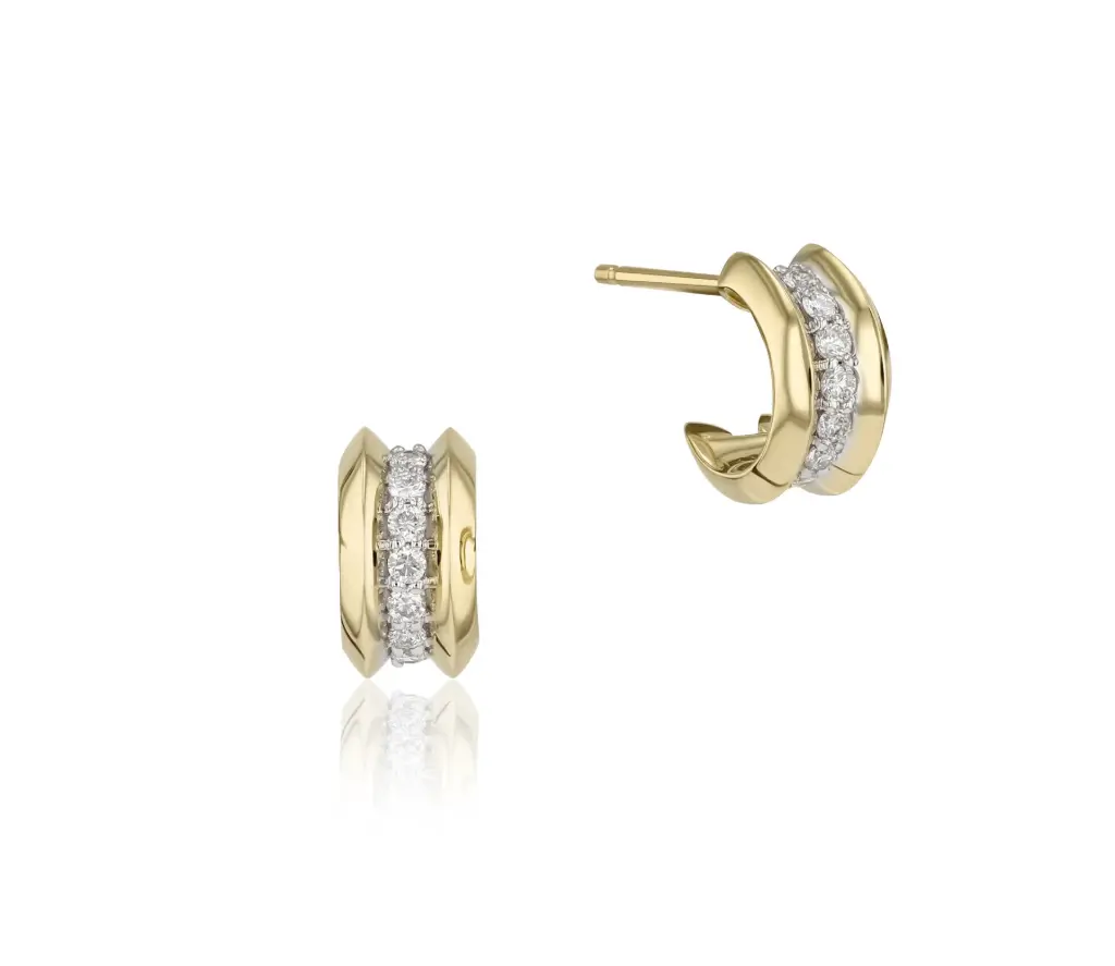 [E1816DY] 14Kt Yellow Gold Double Knife Edge Hoops With (14) Round Diamonds Weighing 0.19cttw