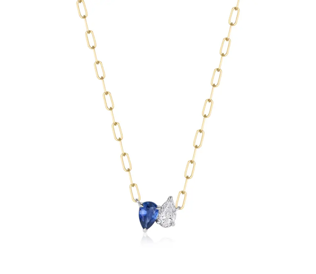 18Kt Yellow Gold And Platinum One Of One Necklace With a Pear Shaped Sapphire Weighing 0.44ct And A Pear Shaped Diamond Weighing 0.30ct