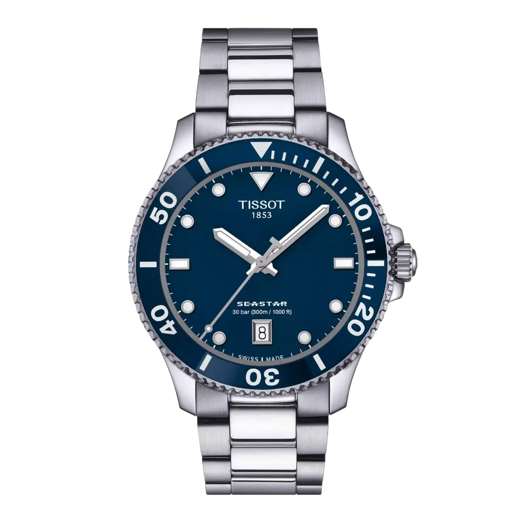 [T120.410.11.041.00] 40mm Seastar Quartz Blue Dial Watch With A Stainless Steel Strap