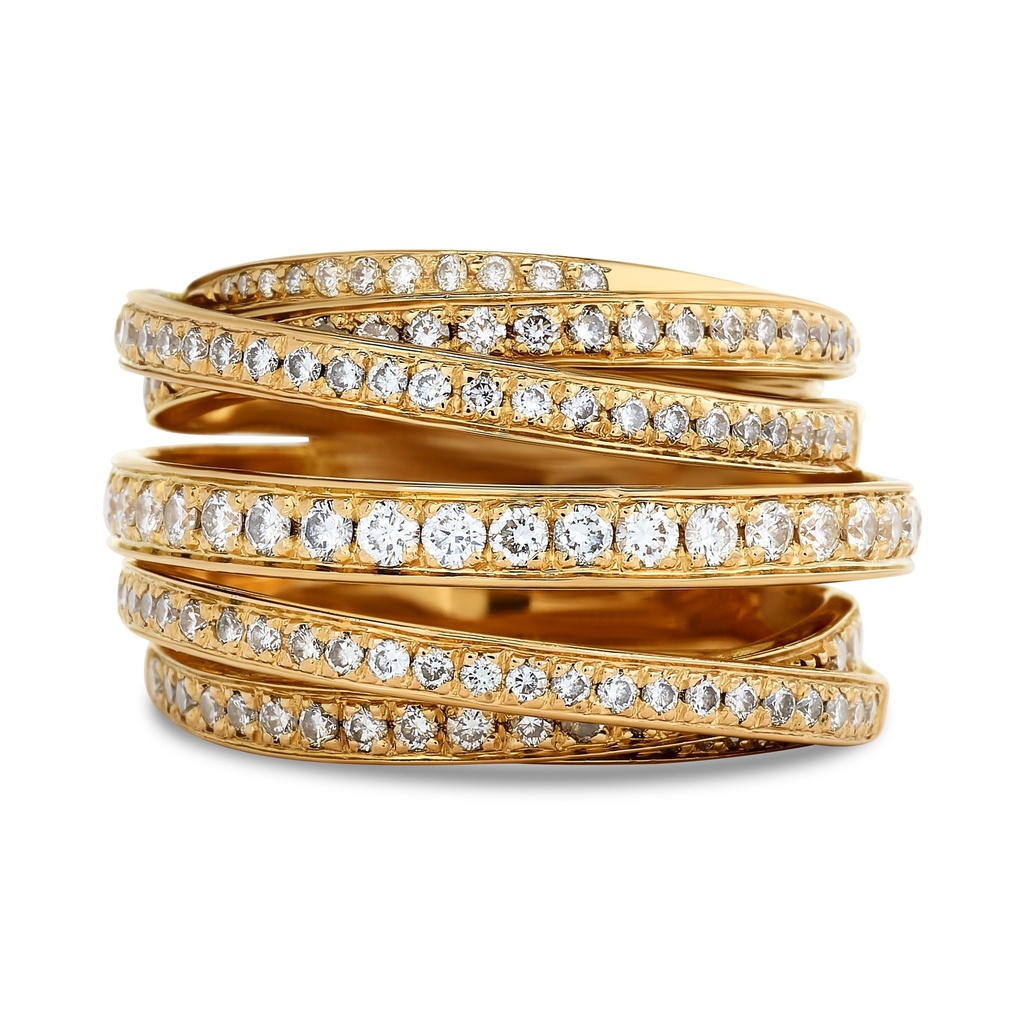 18Kt Yellow Gold Multi Row Ring With (133) Round Diamonds Weighing 1.10cttw