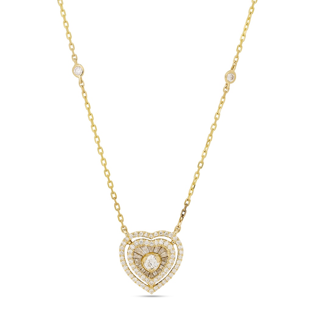 14Kt Yellow Gold Heart Necklace With (19) Baguette Diamonds Weighing 0.22ct and (69) Round Diamonds Weighing 0.68ct
