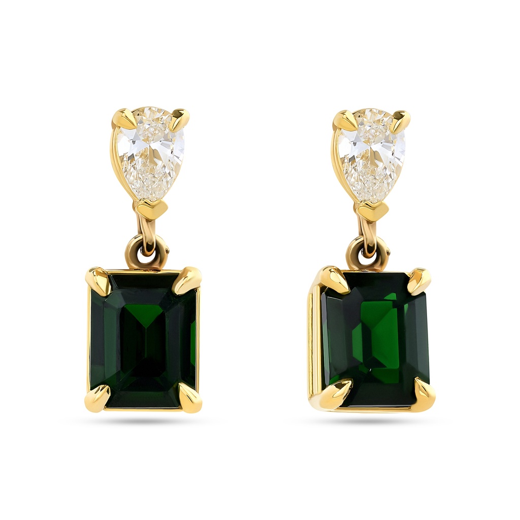 18Kt Yellow Gold Drop Earrings With (2) Emerald cut Tsavorites Weighing 2.39ct And (2) Pear Shaped Diamonds Weighing 0.32ct