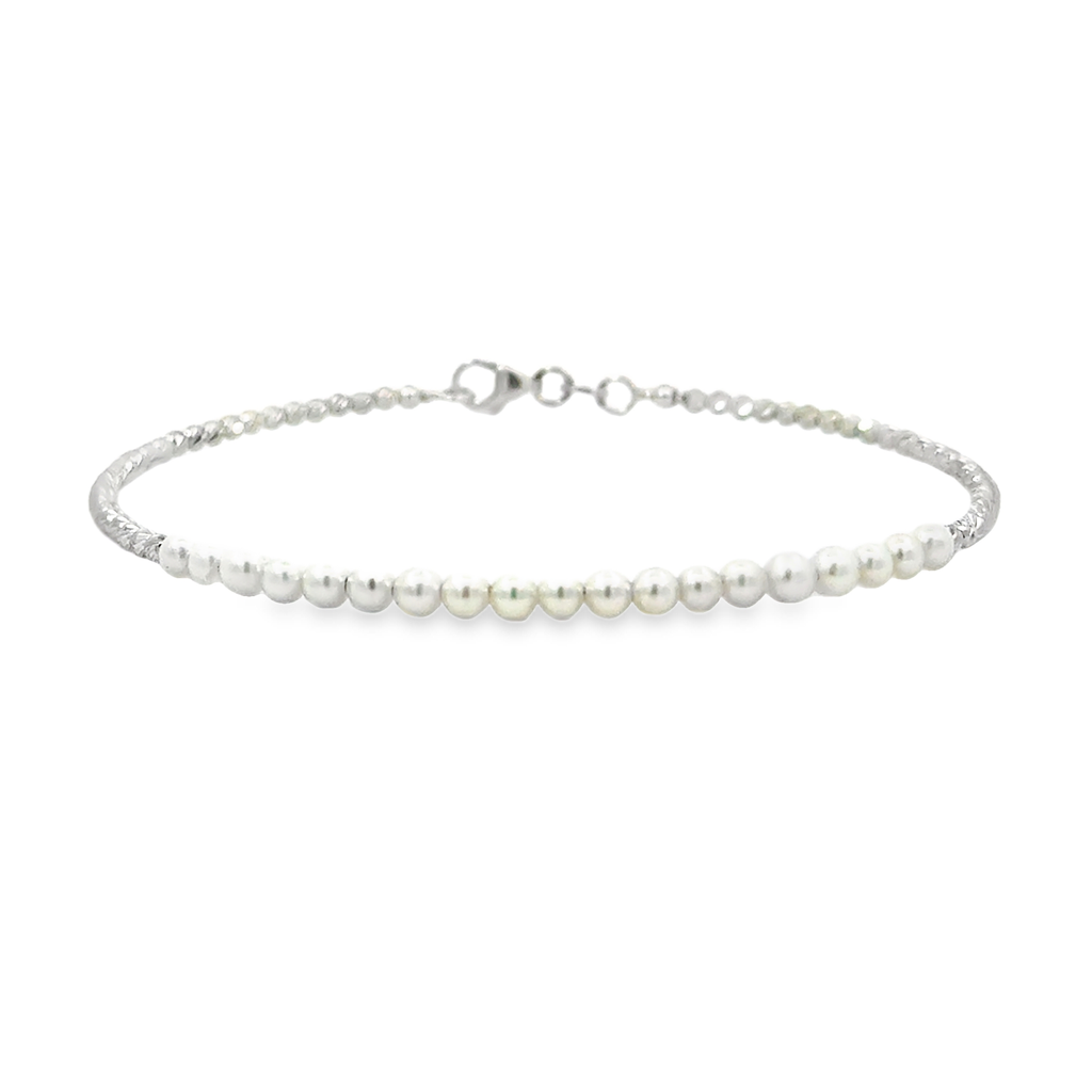 [PB42AW] 3.5x3mm Cultured Pearl And Beaded 7" Cuff Bracelet In 14Kt White Gold