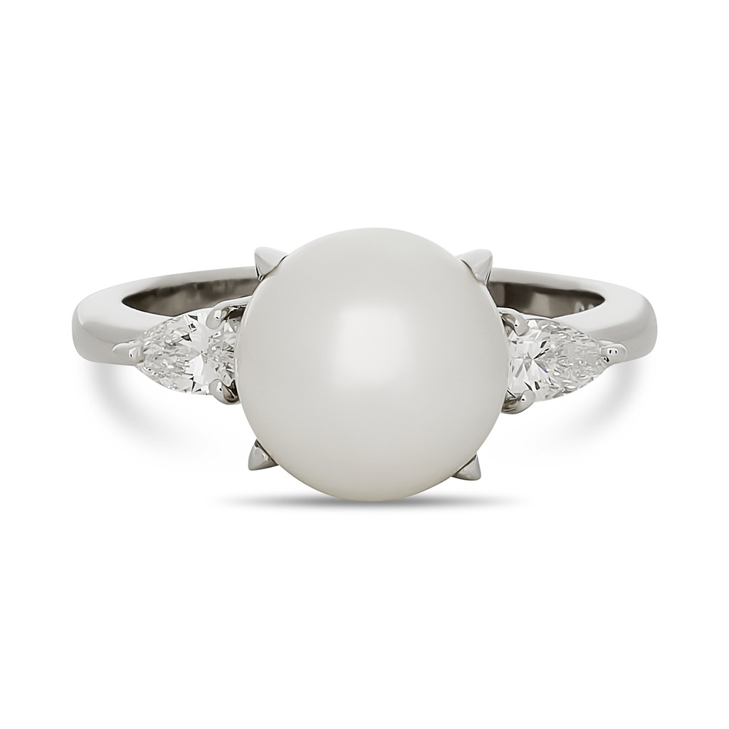 Platinum Ring With A 9.2mm Pearl And (2) Pear Shaped Diamonds Weighing 0.28ct