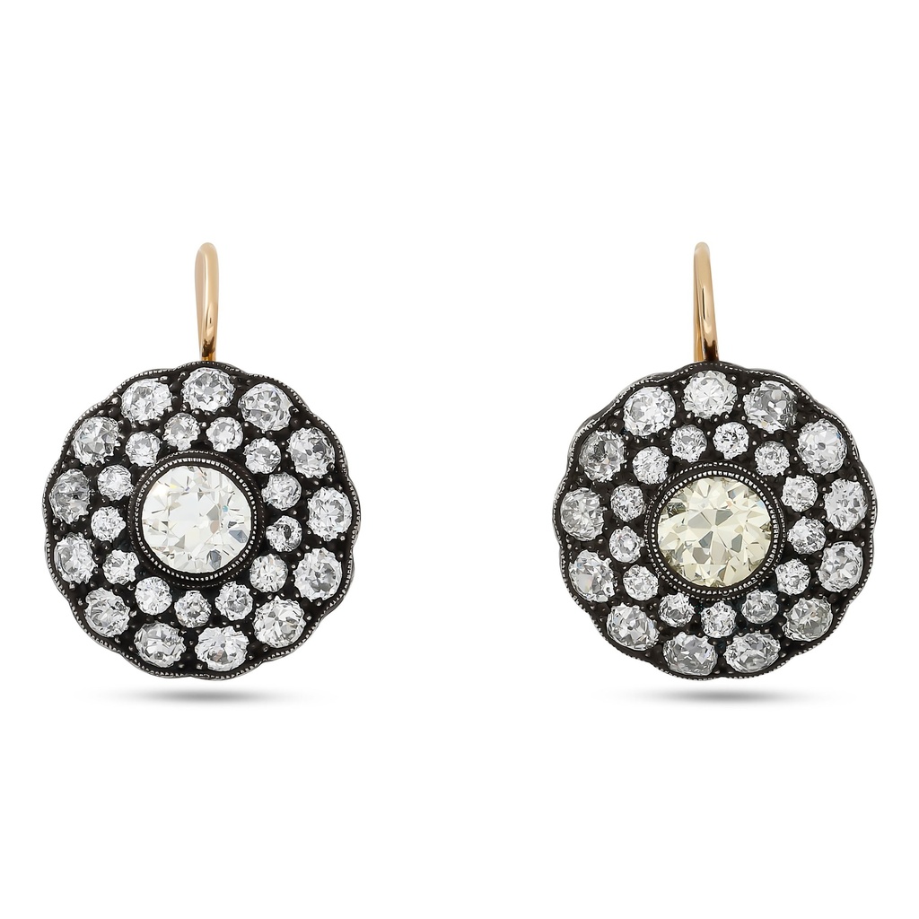 18Kt Yellow Gold Dangle Earrings With (2) Old European Cut Diamonds Weighing 2.77ct And Round Diamonds Weighing 5.21ct