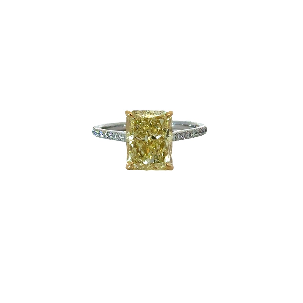 [ORD372RA-O] Platinum And 18Kt Yellow Gold Ring with A Radiant Yellow Diamond Weighing 3.72ct And (30) Round Diamonds Weighing 0.22ct