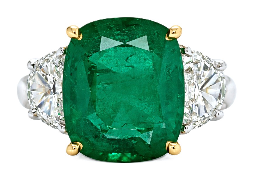 Platinum and 18Kt Yellow Gold Ring With A Cushion Cut Emerald Weighing 8.89ct And (2) Half Moon Diamonds Weighing 1.32ct