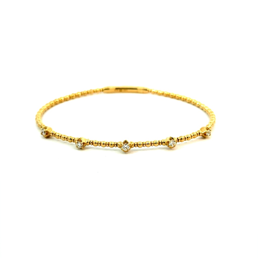 14Kt Yellow Gold Beaded Flex Bangle With (5) Round Diamonds Weighing 0.33cttw