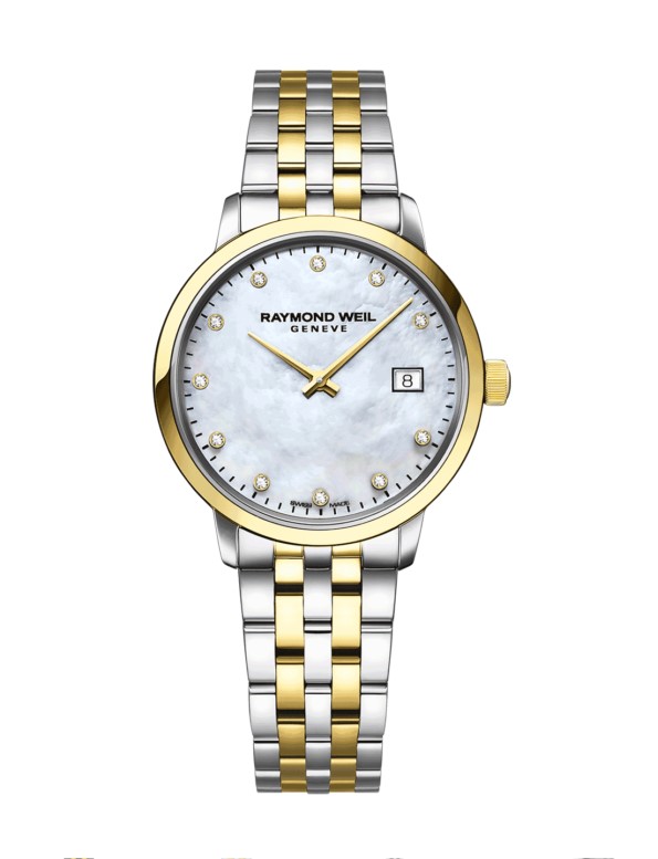 Raymond Weil 29mm Toccata Mother Of Pearl Quartz Watch With A Two Toned Stainless Steel Strap And 11 Round Diamonds Weighing 0.04cttw