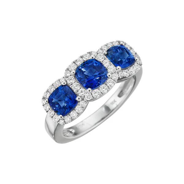 [R5758-S] 18Kt White Gold Three Station Halo Style Ring With (3) Cushion Cut Sapphires Weighing 2.10ct And (42) Round Diamonds Weighing 0.43ct