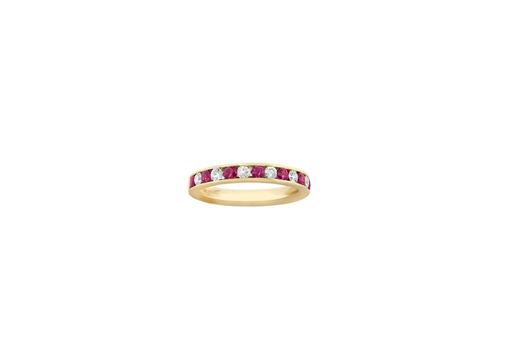 18Kt Yellow Gold Channel Set Band With (7) Round Rubies Weighing 0.42ct And (6) Round Diamonds Weighing 0.30ct