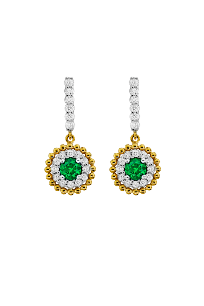 18Kt Yellow Gold Drop Earrings With (2) Round Emeralds Weighing 0.34ct And (36) Round Diamonds Weighing 0.27ct
