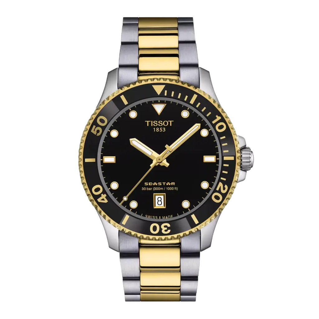 [T120.410.22.051.00] 40mm Seastar Black Dial Quartz Movement Watch With A Stainless Steel Strap