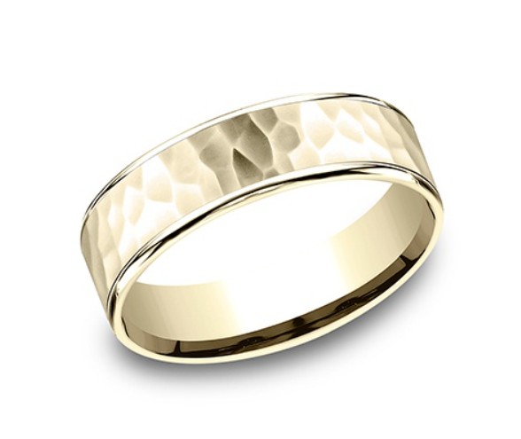 14Kt Yellow Gold 6.5mm Hammered Satin Finish Comfort Fit Band Sz10