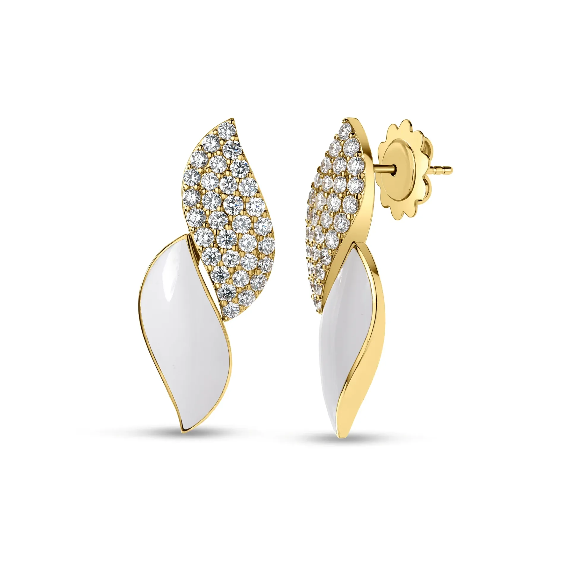 18Kt Yellow Gold San Marco White Enamel Earrings With Diamonds Weighing 1.45cttw