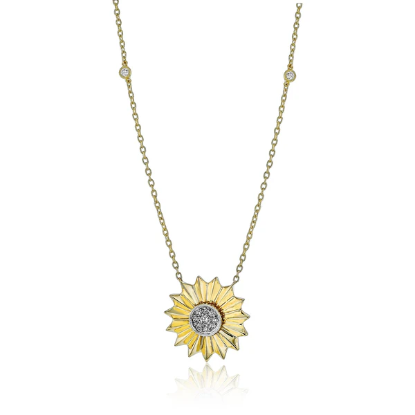 18Kt Two Toned Sunflower Necklace With (11) Round Diamonds Weighing 0.23cttw