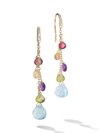 18Kt Yellow Gold Mixed Gemstone Dangle Earrings With 6 Round Diamonds Weighing 0.05cttw