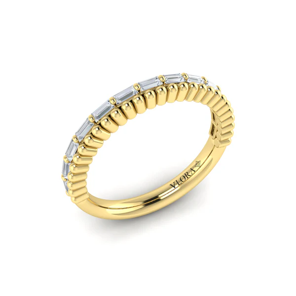 14Kt Yellow Gold Beaded Stack Band With (13) Baguette Diamonds Weighing 0.33cttw