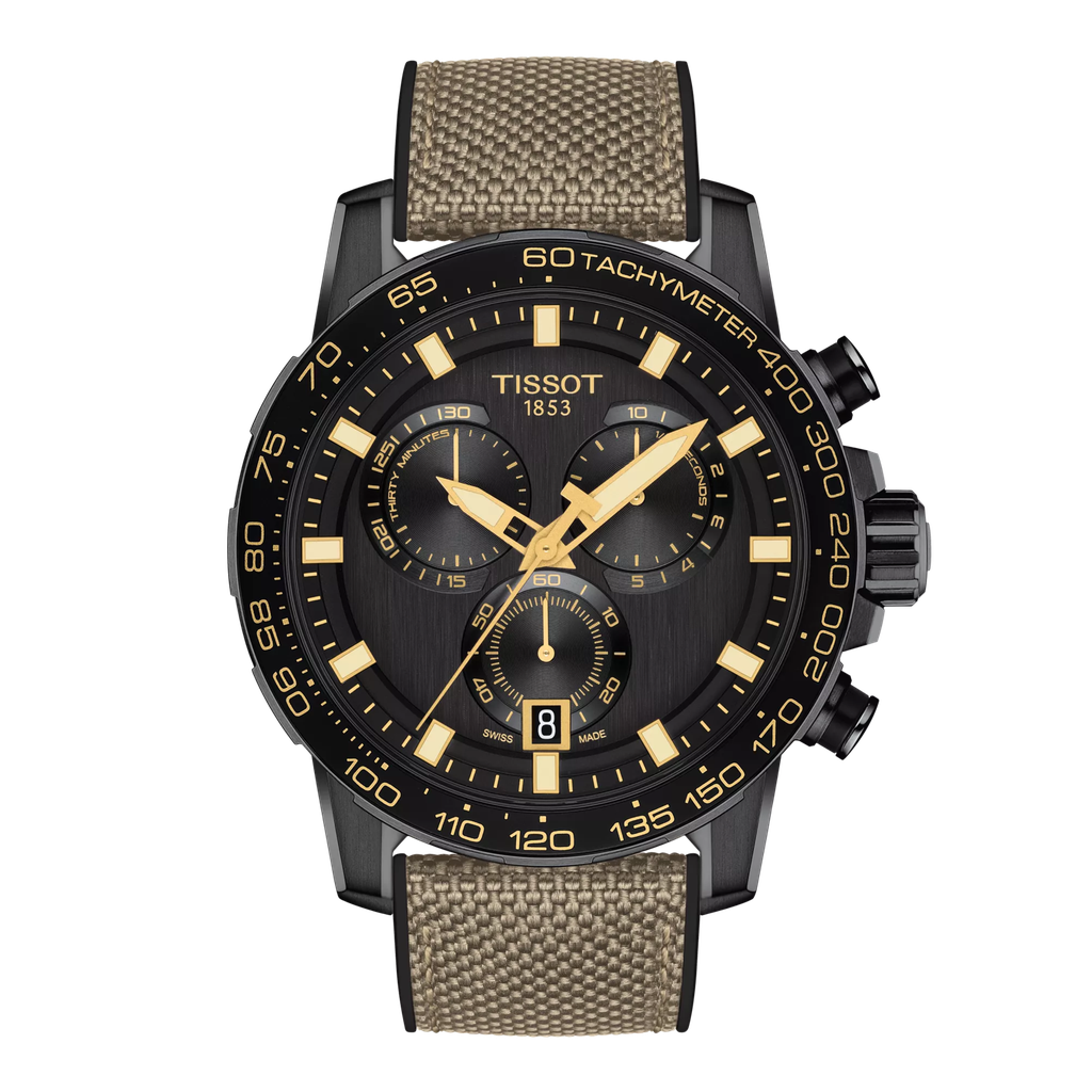 [T125.617.37.051.01] 45.5mm Supersport Chrono Quartz Movement Black Dial Watch With A Beige Fabric Strap