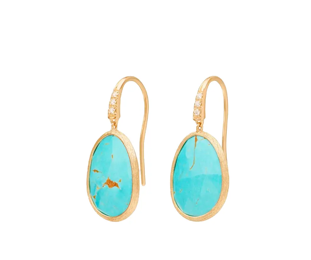 18Kt Yellow Gold Lunaria Mexican Turquoise Earrings With (6) Round Diamonds Weighing 0.04cttw