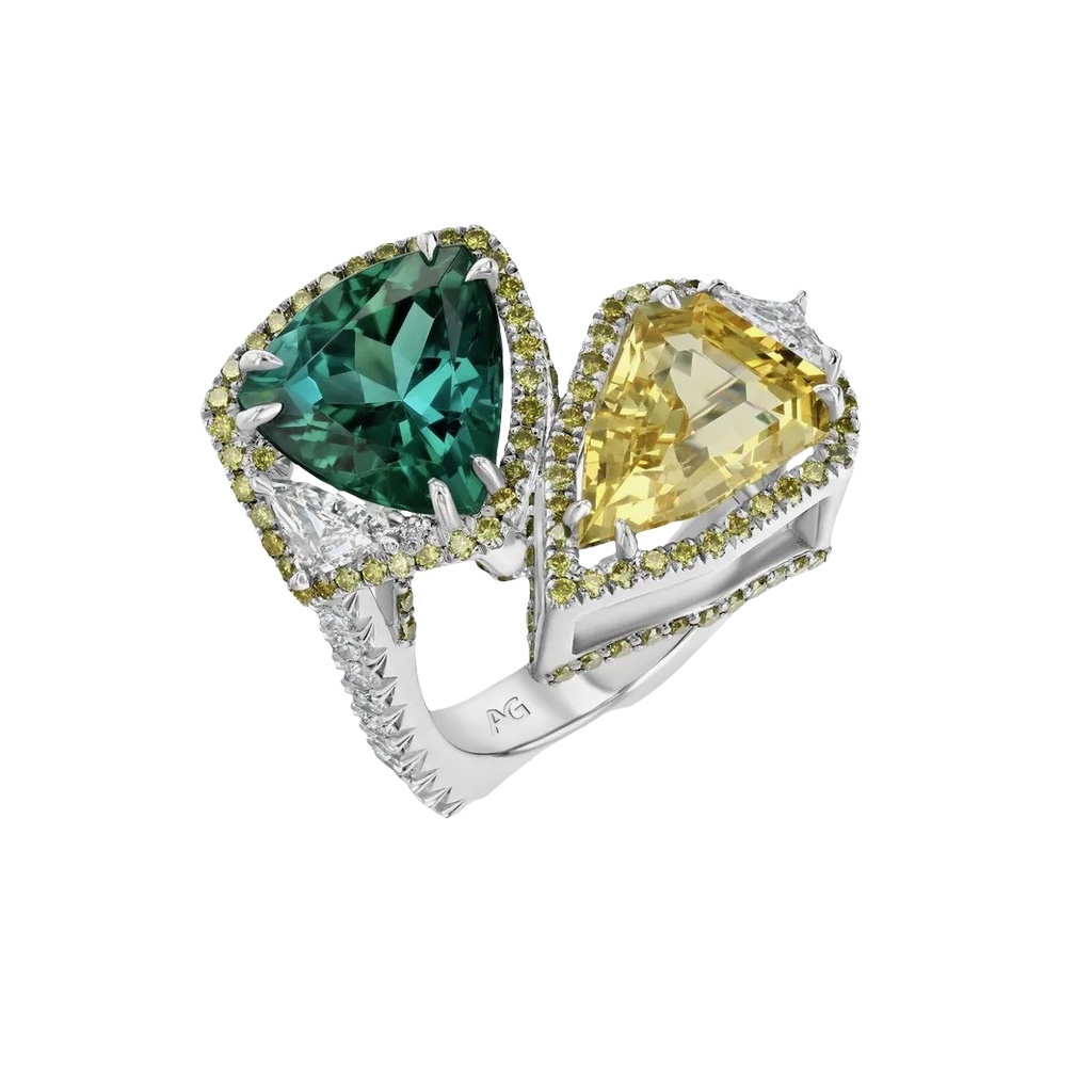 Platinum Bypass Ring With A Blue/Green Tourmaline Weighing 3.23ct, A Yellow Sapphire Weighing 2.57ct, And Yellow And White Diamonds Weighing 1.18ct