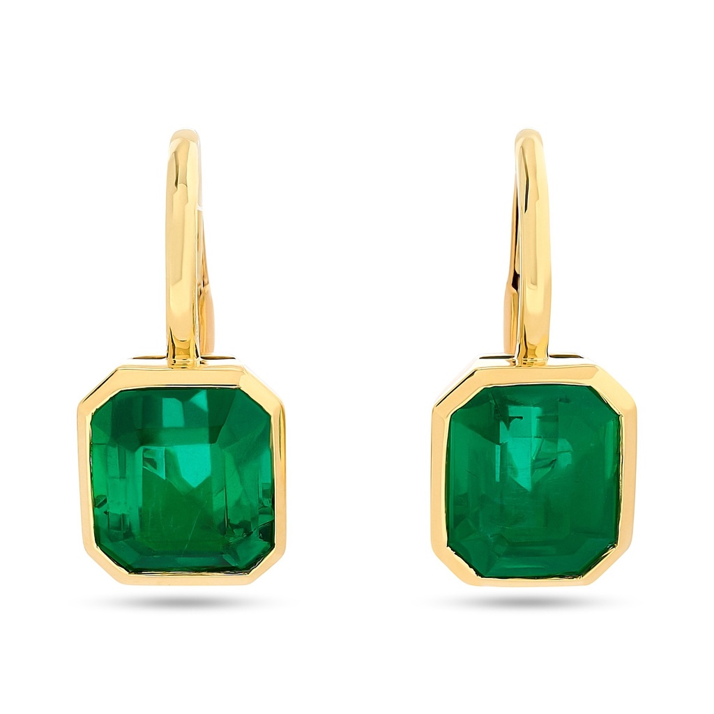 18Kt Yellow Gold Bezel Set Drop Earrings With An Emerald Cut Emerald Weighing 3.03ct And An Emerald Cut Emerald Weighing 2.66ct