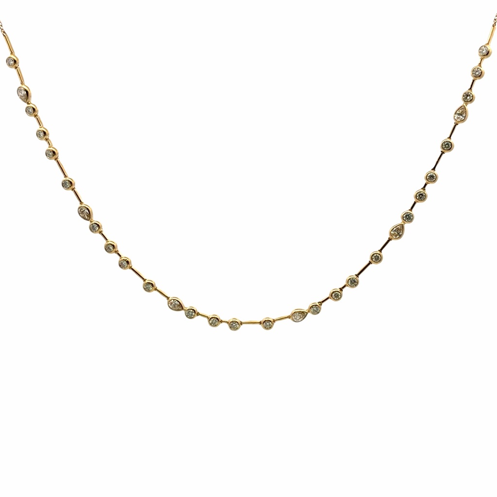 18Kt Yellow Gold Mixed Shape Necklace With (19) Round Diamonds Weighing 0.95ct And (6) Pear Shaped Diamonds Weighing 0.65ct