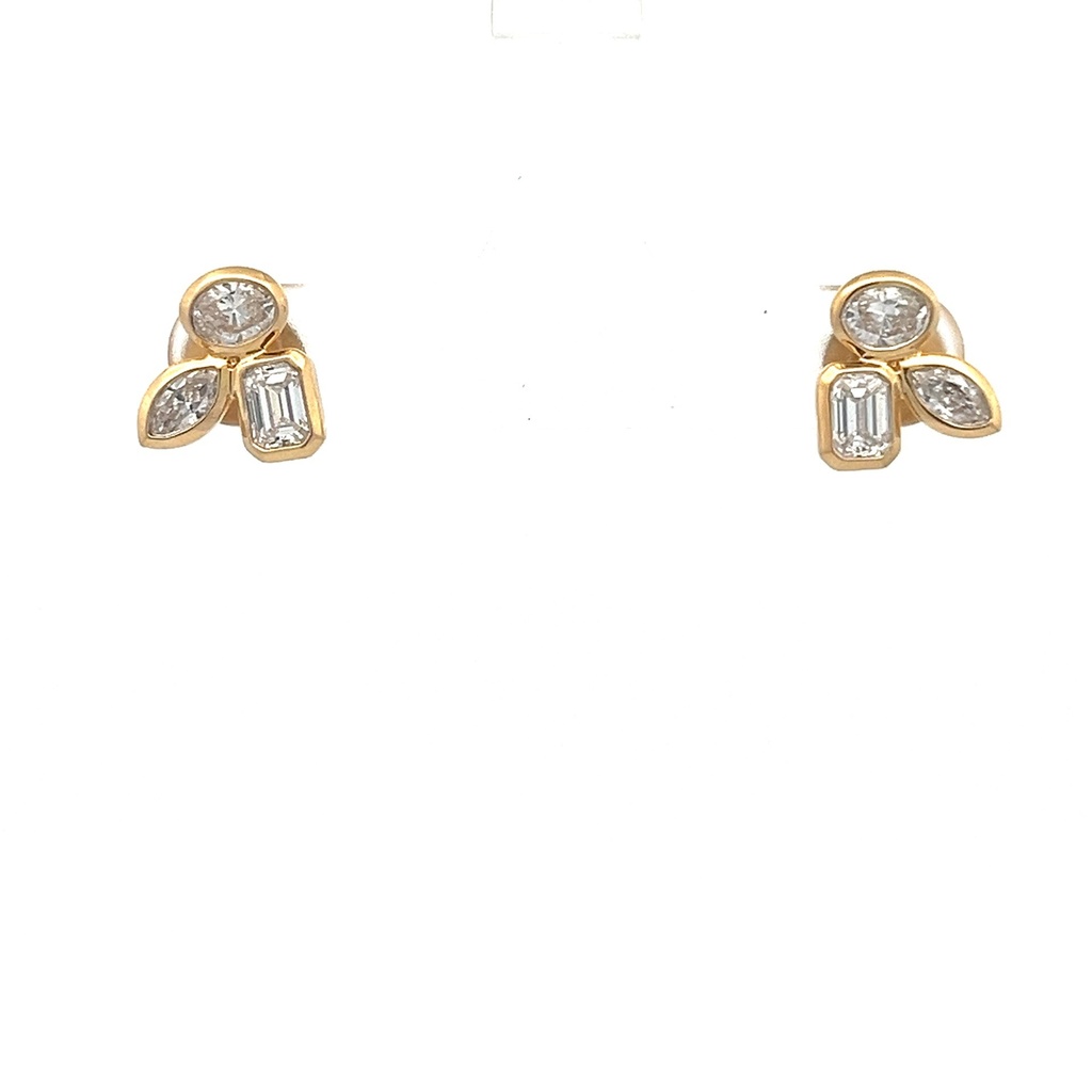 18Kt Yellow Gold Studs With Marquise, Oval, And Emerald Cut Diamonds Weighing 1.47cttw