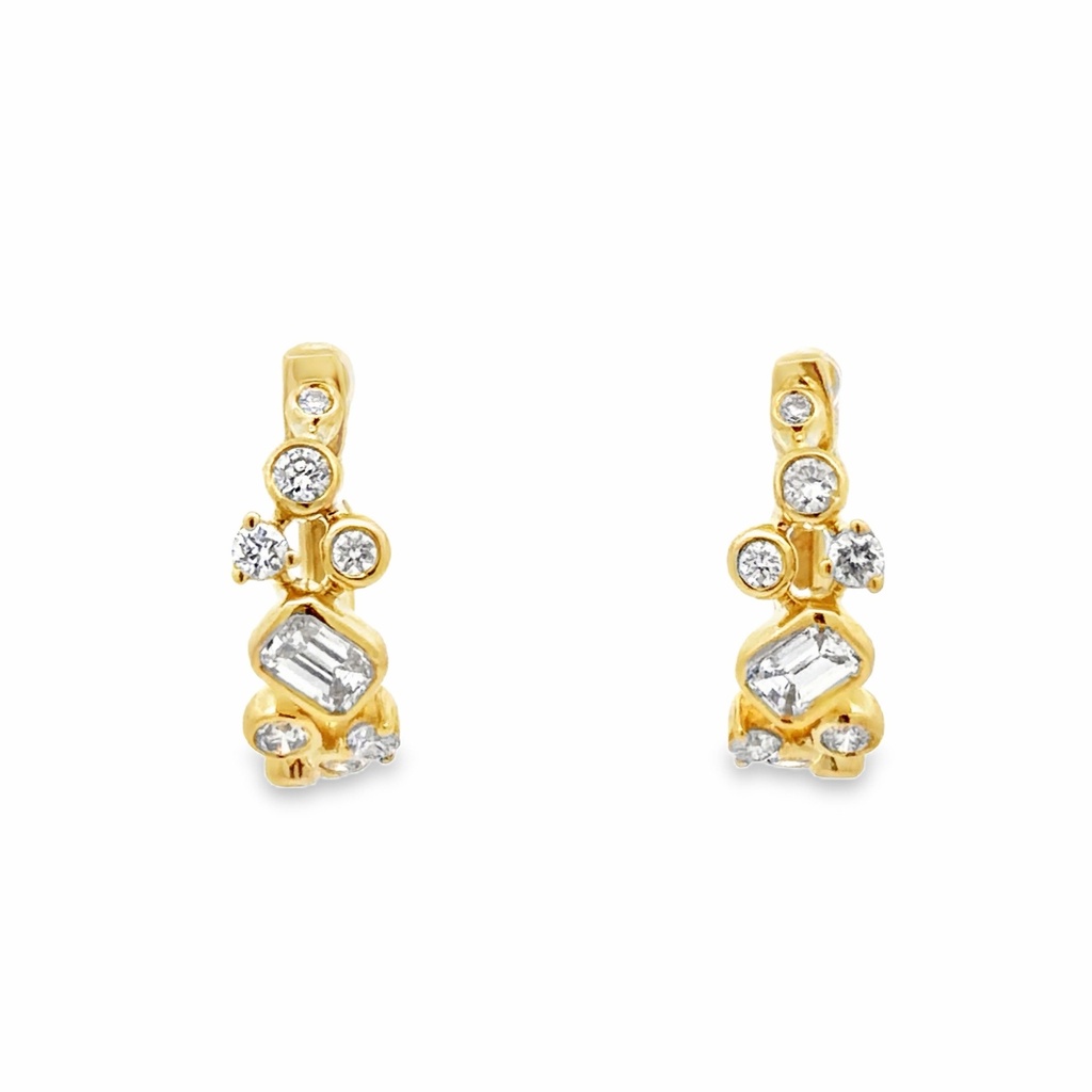 18Kt Yellow Gold Hoops With (2) Emerald Cut Diamonds And (16) Round Diamonds Weighing 0.65cttw