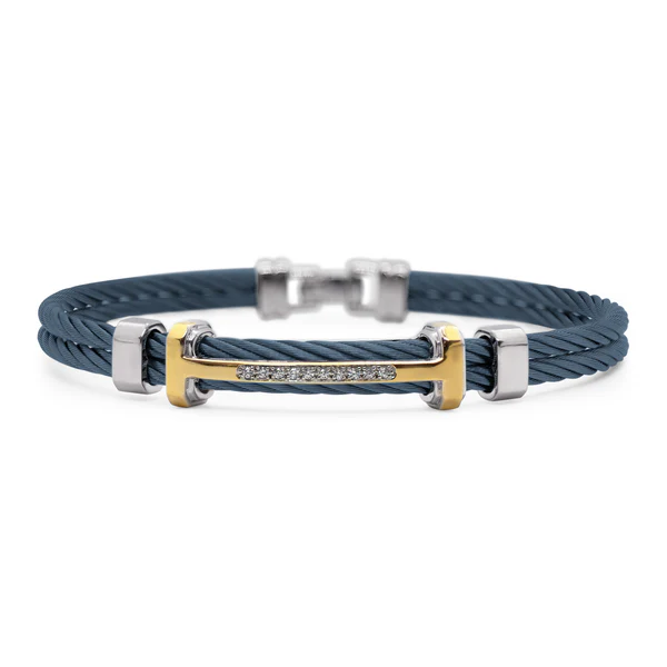 14Kt Yellow Gold Blueberry Nautical Cable Men's Bracelet With (10) Round Diamonds Weighing 0.08cttw