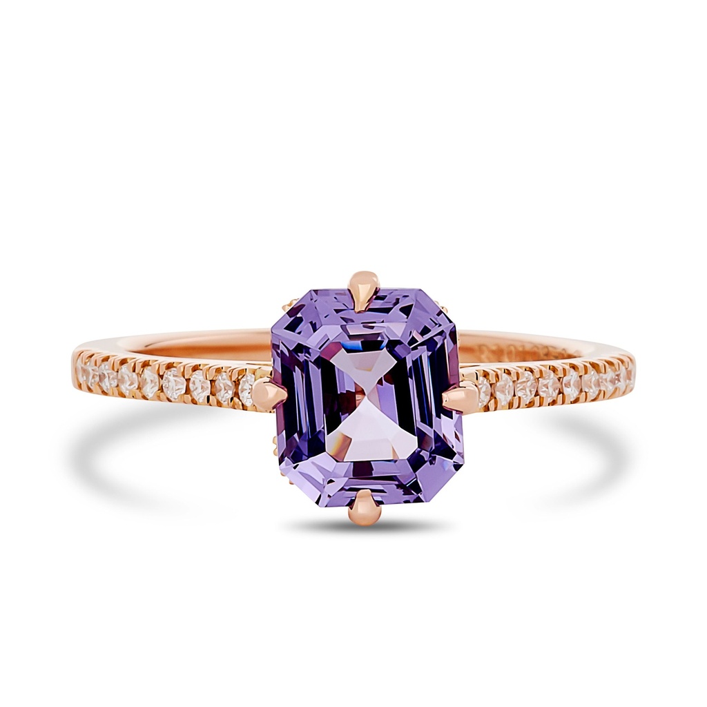 18Kt Rose Ring With An Emerald Cut Spinel Weighing 1.80ct And (44) Round Diamonds Weighing 0.18ct