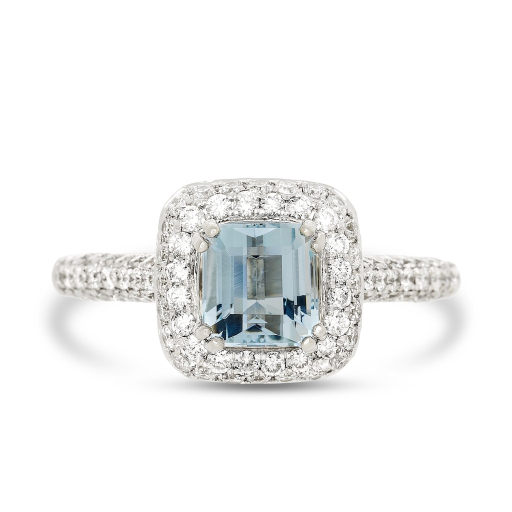 14Kt White Gold Halo Style Ring With an Emerald Cut Aquamarine Weighing 1.06ct And (106) Round Diamonds Weighing 0.80ct