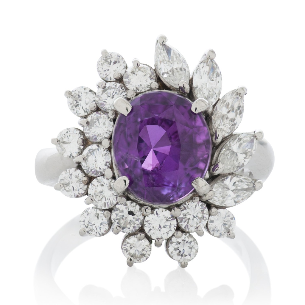 Platinum Ring With An Oval Purple/Pink Sapphire Weighing 4.73ct And Marquise/Round Diamonds Weighing 1.66ct