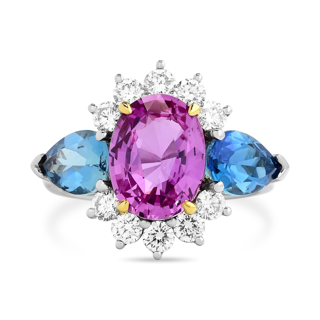 Platinum Ring With An Oval Pink Sapphire Weighing 3.43ct, (2) Pear Shaped Aquamarines Weighing 1.80ct, And (10) Round Diamonds Weighing 0.70ct