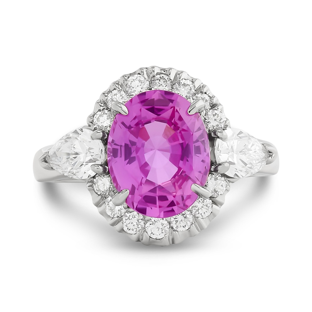 Platinum Ring With An Oval Pink Sapphire Weighing 3.60ct, (2) Pear Shaped Diamonds Weighing 0.80ct, And (14) Round Diamonds Weighing 0.40ct