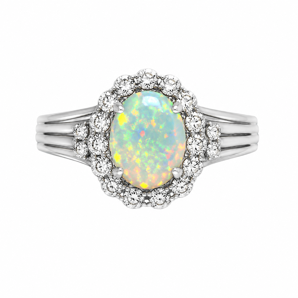 Platinum Ring With An Oval Opal Weighing 1.63ct And (20) Round Diamonds Weighing 0.85ct