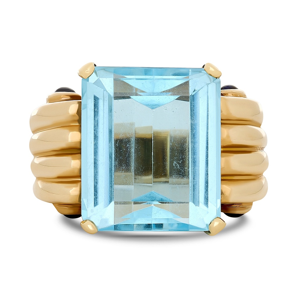 14Kt Yellow Gold Swiss Blue Topaz And Cabochon Sapphire Ring Sz6