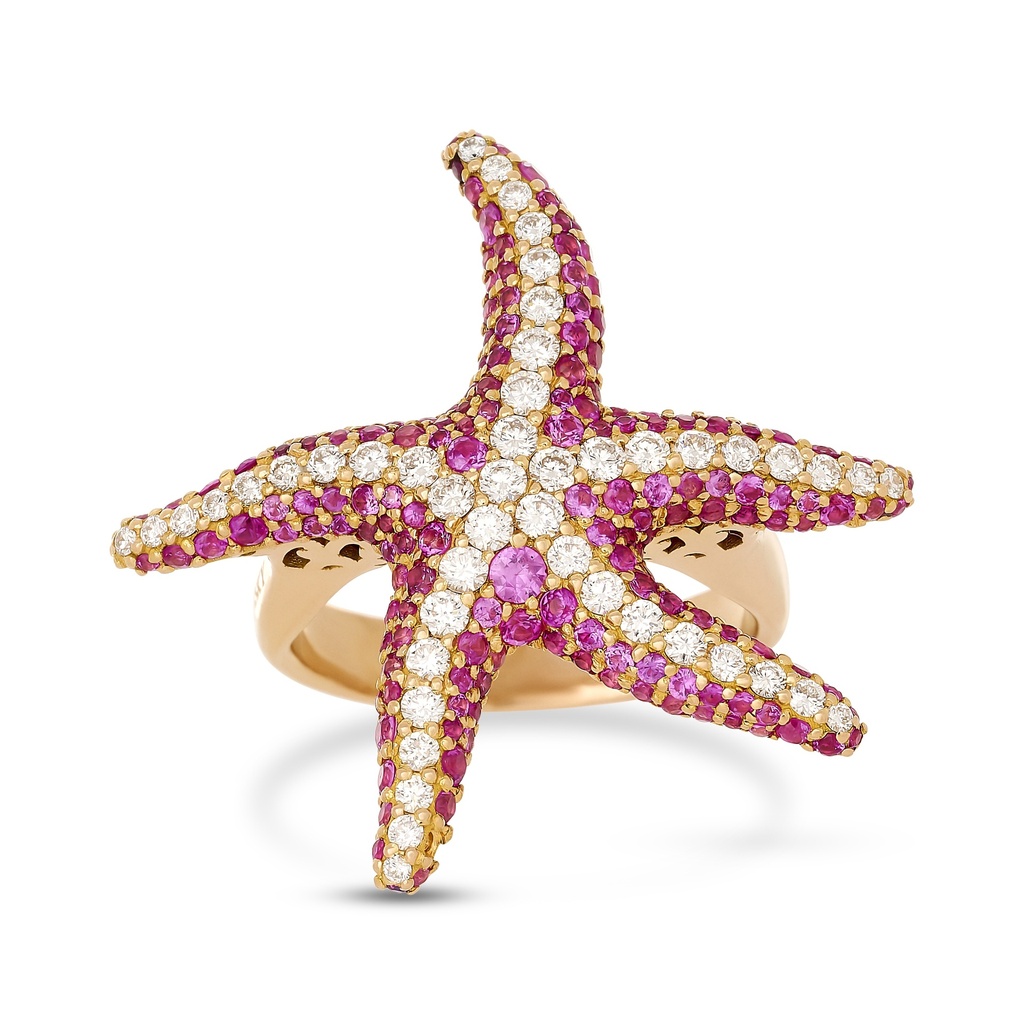 18Kt Rose Gold Starfish Pink Sapphire Ring With (47) Round Diamonds Weighing 1.00cttw
