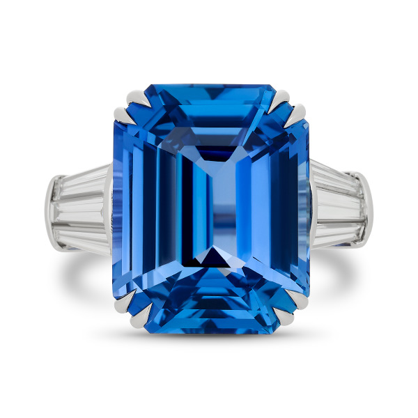 Platinum Ring With An Emerald Cut Sapphire Weighing 17.18ct And (6) Baguette Diamonds Weighing 0.80ct