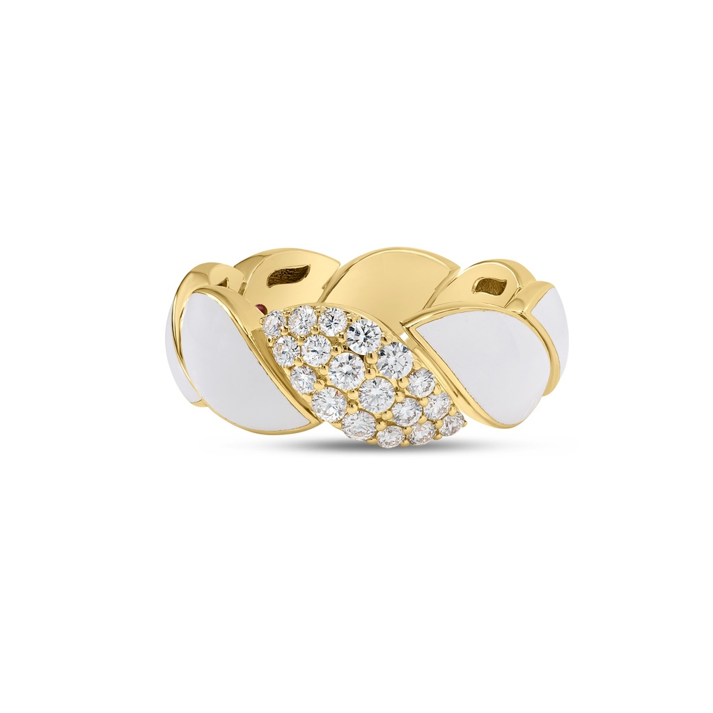 18Kt Yellow Gold San Marco White Enamel Ring With (18) Round Diamonds Weighing 0.30cttw